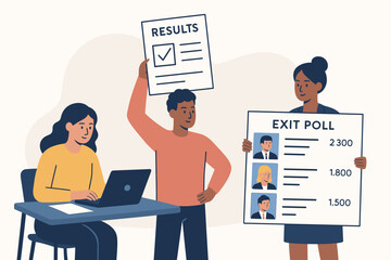 Flat vector illustration of diverse team presenting election results and exit poll data. Characters hold signs showing candidate votes, symbolizing political analysis and democracy.