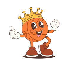 Energetic basketball mascot character with crown, gloves, and boots showing thumbs up in dynamic pose. Fun cartoon style with playful mood and bold lines. Vector illustration