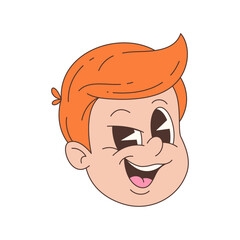 Happy boy mascot face with expressive eyes and bright red hair drawn in vintage cartoon style with bold outlines. Flat color scheme used for classic appeal. Vector illustration