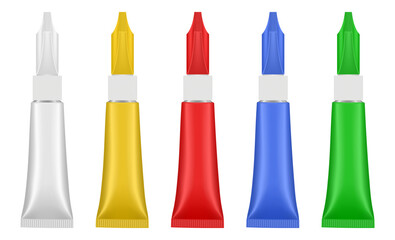 Set of tubes with long nozzle. White, yellow, green, red and blue tubes. 3D mockup of a super glue. Cyanoacrylate glue. Pin point nozzle