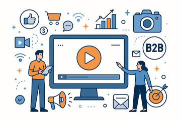 Modern flat line vector illustration of digital marketing specialists collaborating on B2B strategies, analyzing video performance, social media, email marketing, and e-commerce data