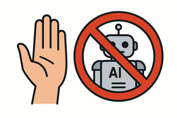 Stop AI technology vector illustration featuring a human hand gesturing halt next to a crossed-out robot symbol, representing ethical concerns, prohibition, and human control.