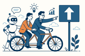 Collaborative business team with AI robot riding tandem bike towards upward arrow sign symbolizing startup growth, innovation, teamwork, future direction and progress vector illustration.