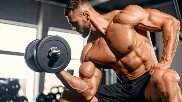 Bodybuilder intensely working out with dumbbells in the gym.Concept of active lifestyle, exercise, weight loss, bodybuilding.