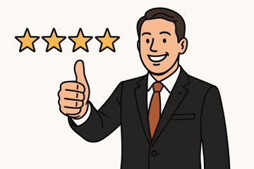 Vector illustration of a smiling businessman giving a thumbs up for a positive four star review. Concept of customer satisfaction, approval, high rating, excellent service, and business success.
