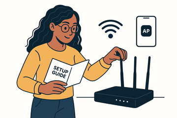 Vector illustration of a woman setting up a Wi-Fi network router with a guide and app, representing home internet installation, technology troubleshooting, and connectivity.