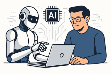 Human and AI robot collaborate on laptop computer in flat vector style. Illustrates concepts of artificial intelligence partnership, future workplace technology, teamwork, and innovation.