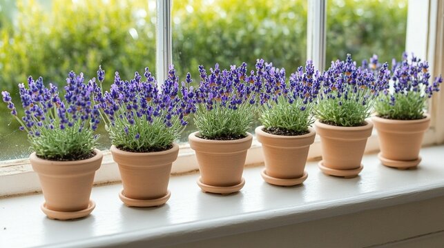 A row of small terracotta pots holding lavender plants sits on a windowsill