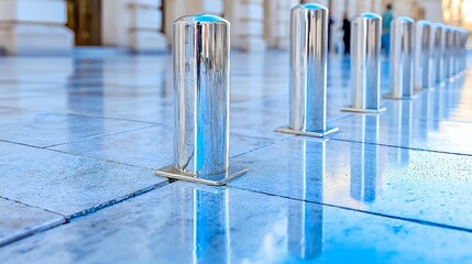 Metal Bollards Reflecting Light on a Tiled Floor