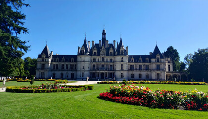 Fototapeta premium Majestic chateau surrounded by vibrant flower gardens under a clear blue sky, inviting visitors
