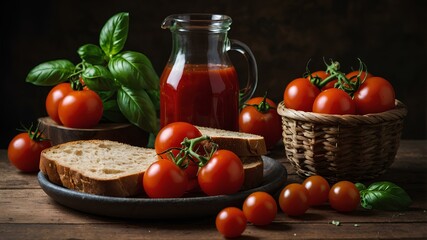 Still life with cherry tomatoes, chopped basil, bread and a jug of tomato juice in Italian style