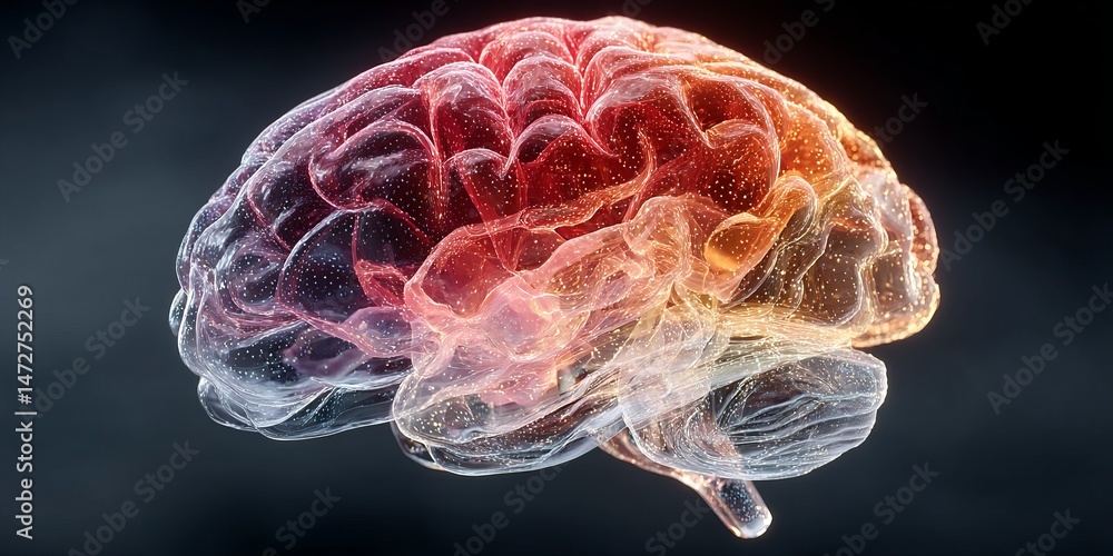 Poster transparent human brain with glowing neural networks and colorful light particles on a dark backgrou