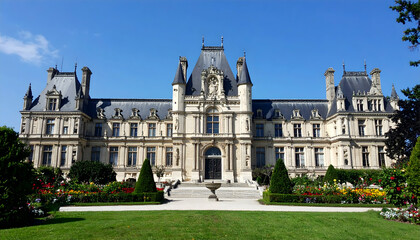 Fototapeta premium Grand historic mansion with ornate architecture and lush gardens under a clear blue sky