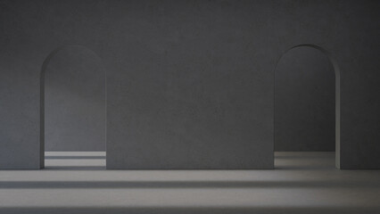 Abstract interior space background. 3d rendering of empty room with concrete arch wall.