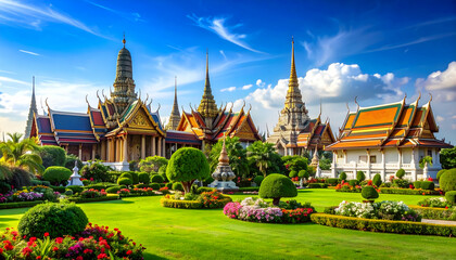 Obraz premium Majestic Thai temple complex surrounded by lush gardens and vibrant flowers under a clear blue sky