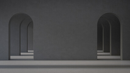 Abstract interior space background. 3d rendering of empty room with concrete arch wall.