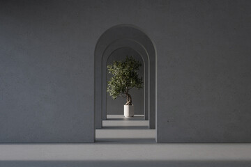 Abstract interior space background. 3d rendering of empty room with concrete arch wall.