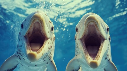 Two playful dolphins, mouths agape, underwater