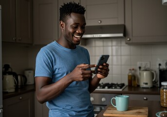 Joyful african man smiling while using his smartphone in a cozy kitchen setting at home.