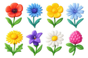 Vibrant wildflower icons set – poppy, daisy, sunflower, clover, bellflower, bloom. 3D icon set