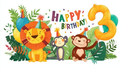 Naklejka premium Jungle Animal Birthday Party with Lion and Monkeys Celebrating a Child’s Third Birthday