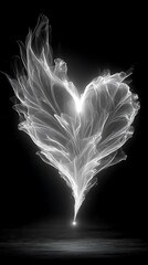 White energy heart-shaped of light on black background, in the fantasy art style, black and white .