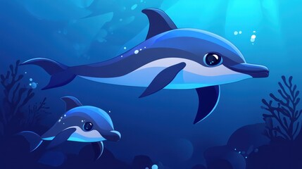 Two playful dolphins swim in the deep blue ocean.  Coral and bubbles surround them