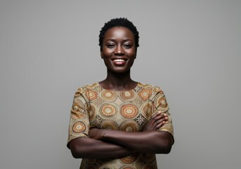 A striking portrait of a smiling black woman with crossed arms, radiating confidence and beauty.