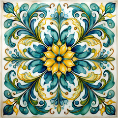 Intricate tile with a central yellow flower surrounded by swirling teal and blue foliage on a light background