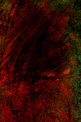 Dark abstract composition with vivid red and green contrast, grunge textures, and diagonal scratches. Ideal for album covers, digital artwork, or visual identity systems seeking intensity, movement