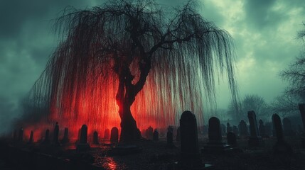 Fototapeta premium Red-lit weeping willow over a misty graveyard scene.