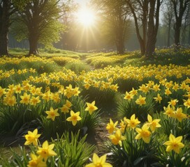 Obraz premium Sunlit daffodils burst forth in vibrant yellow against a lush green meadow , bright, nature