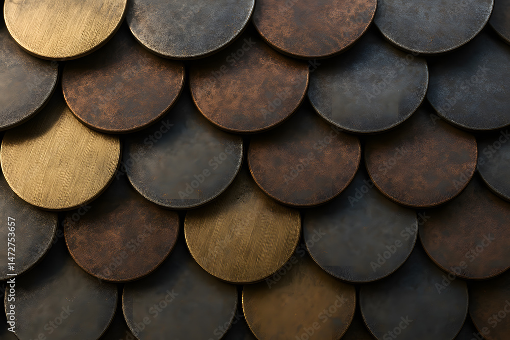 Poster overlapping metallic scales in shades of gold, bronze, and dark grey create a textured pattern with 