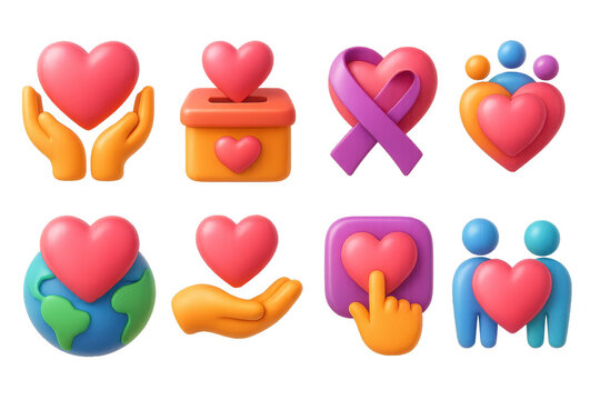 3d charity heart icons set – hands, box, ribbon, family, globe, unity. 3D icon set