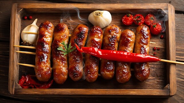Wooden tray with skewered grilled sausages, decorated with red pepper and garlic, smoky scene, 16:9, v7 .