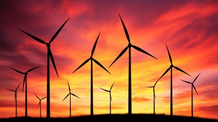 Fototapeta premium Silhouetted Wind Turbines at Sunset