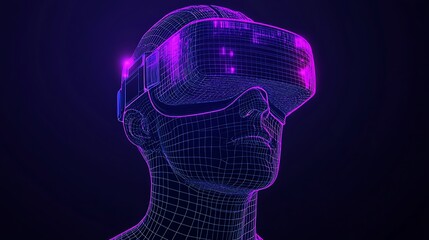 Naklejka premium Futuristic virtual reality headset wireframe model and luminous purple light