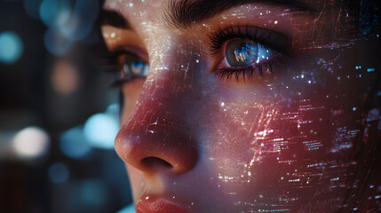 Gazing at the Digital Universe: Intimate portrait of a woman immersed in a world of technology, the city lights reflecting in her eyes, showcasing her connection with the digital realm.