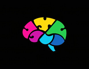 Colorful brain puzzle pieces symbolizing mental health on black background. Mental health  and neurodiversity awareness.  