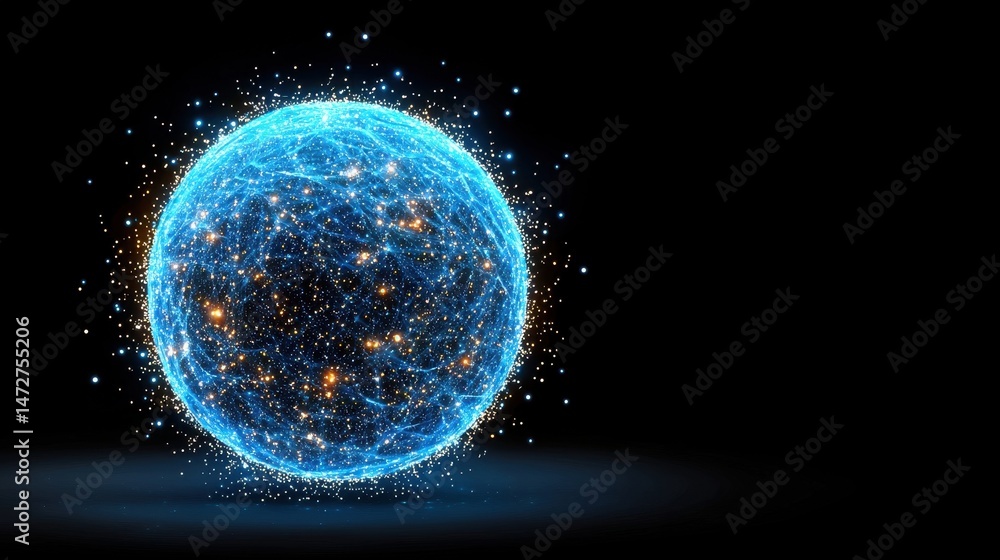 Poster abstract glowing blue sphere composed of interconnected points of light on a black background. the s