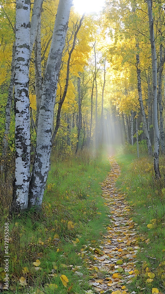 Poster illuminated path through birch forest in autumn with sun rays piercing