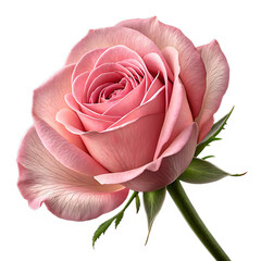 A beautiful pink rose isolated on a black background displaying delicate petals and green stems
