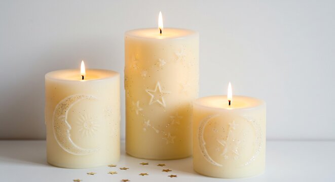 穏やか灯火 優雅な彫刻模様 三本のキャンドル 温かい光. AI Generated