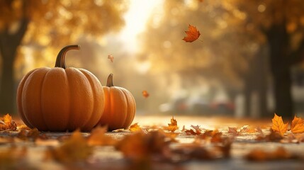 Two pumpkins sit on a fall street lined with vibrant autumn leaves. Sunlight streams through the trees, casting a warm glow. Falling leaves add to the seasonal atmosphere