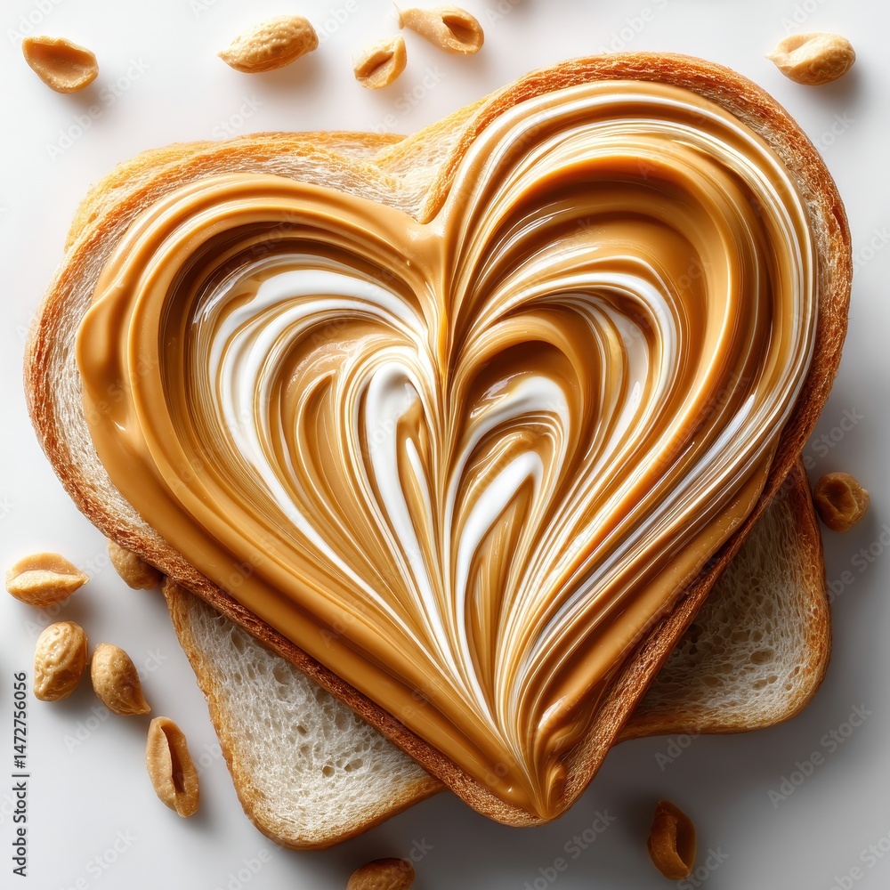 Poster heart-shaped peanut butter swirl on toast with peanuts surrounding the bread background