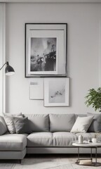 Grey couch, white wall, framed posters, stylish pillows,  image,  gallery wall,  white