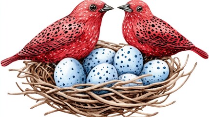 Two red birds with speckled eggs in a nest