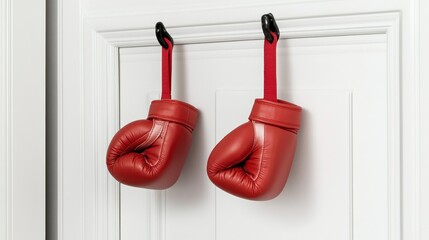 Two red boxing gloves hanging on a white door