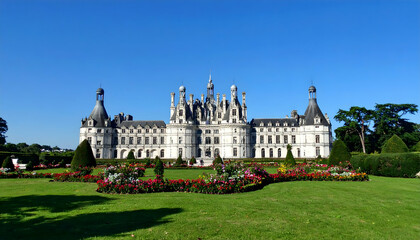 Majestic chateau surrounded by vibrant flower gardens under a clear blue sky, ideal for tourism