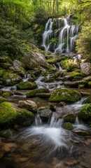 Fototapeta premium A stunning waterfall cascades down the lush green forest